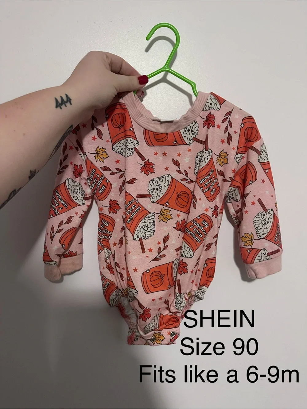 SHEIN Pink Pumpkin Spice Print Long-Sleeve One-Piece